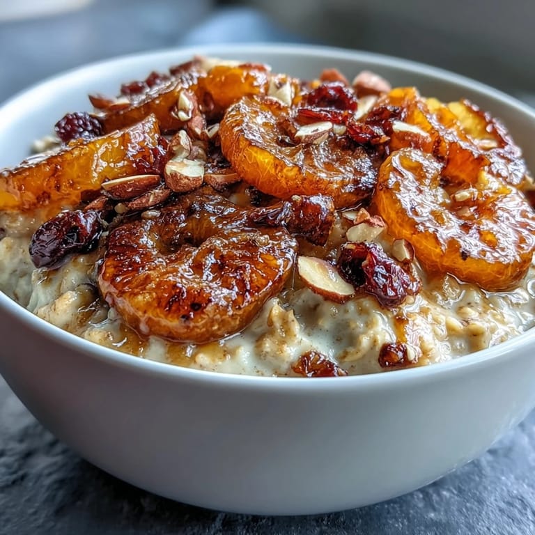 Nourishing oatmeal bowl featuring vibrant candied oranges, chewy cranberries, and golden toasted almonds, perfect for a comforting and flavorful morning meal.