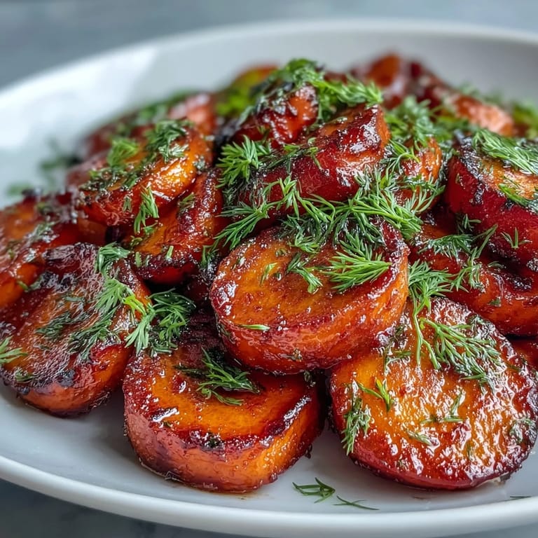 Tender carrots coated in a glossy orange and honey glaze, garnished with aromatic dill for a burst of fresh flavor.  