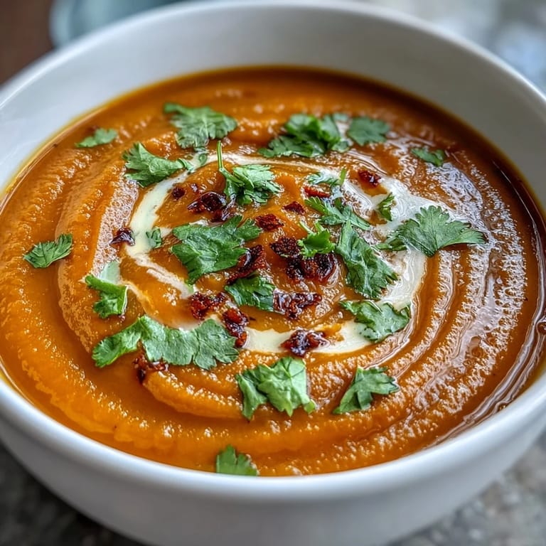 Vibrant orange soup made with carrots, ginger, and coconut milk, drizzled with coconut cream and sprinkled with fresh herbs.