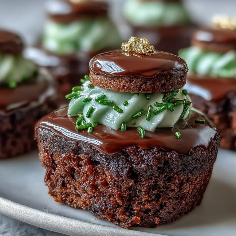 Adorable green-iced brownie bites topped with chocolate marshmallow hats, ideal for a fun and easy St. Patrick's Day dessert.