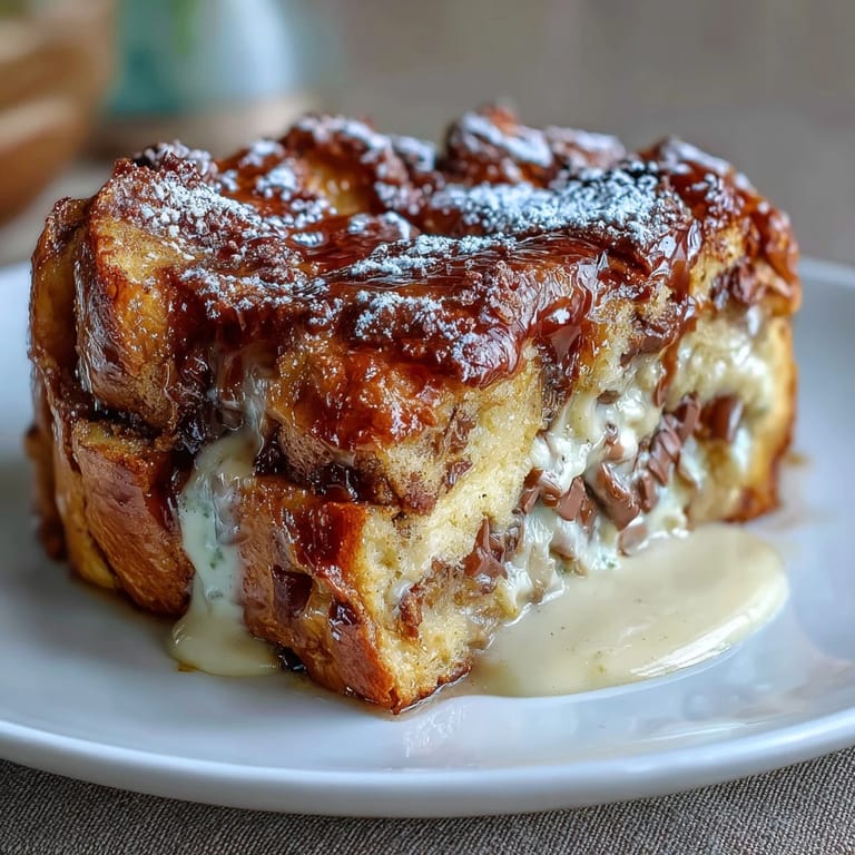 Warm and comforting chocolate croissant bread pudding topped with powdered sugar, served with fresh berries for a cozy brunch treat.