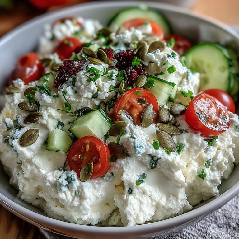 Creamy cottage cheese breakfast bowl with crisp cucumbers, tomatoes, and bell peppers, garnished with olive oil and seeds.  