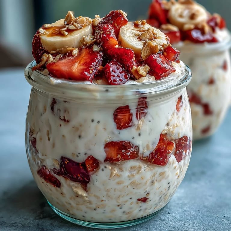 Creamy strawberry banana overnight oats with chia seeds, chilled and ready to enjoy, garnished with fresh fruit and a hint of maple syrup.