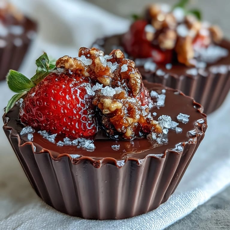 Luxurious strawberry-filled chocolate cups with buttery pistachio crunch and edible gold leaf, perfect for a showstopping treat.