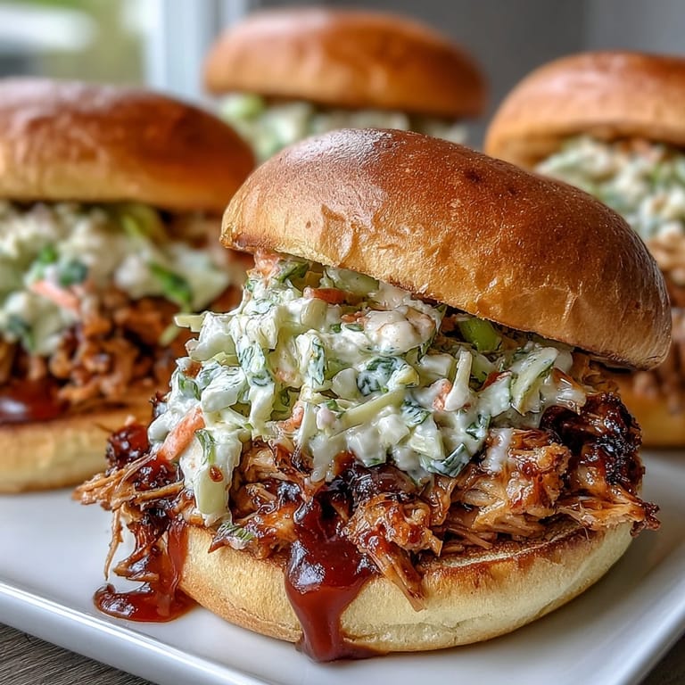 Soft slider buns piled high with slow-cooked pulled pork, tangy BBQ sauce, and crunchy coleslaw for a crowd-pleasing appetizer.  
