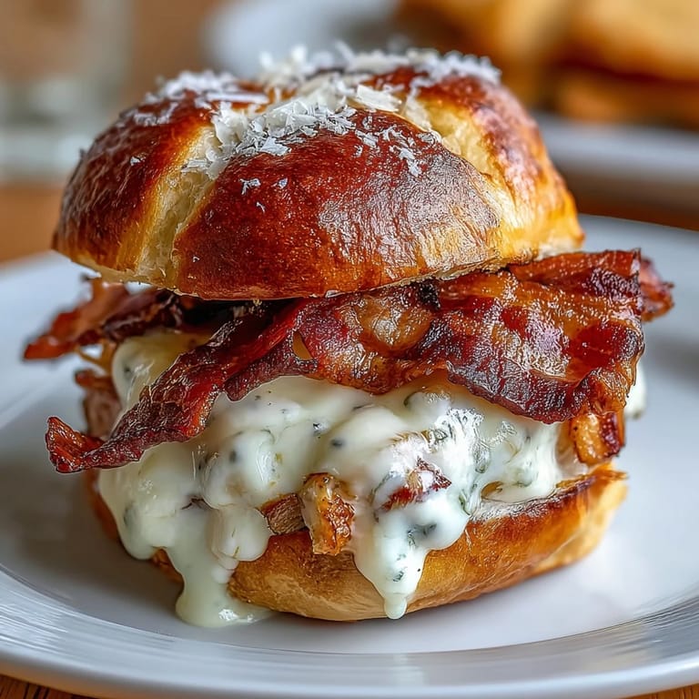 Mini Hot Brown sandwiches on toasted brioche with rich cheese sauce and juicy tomato slices