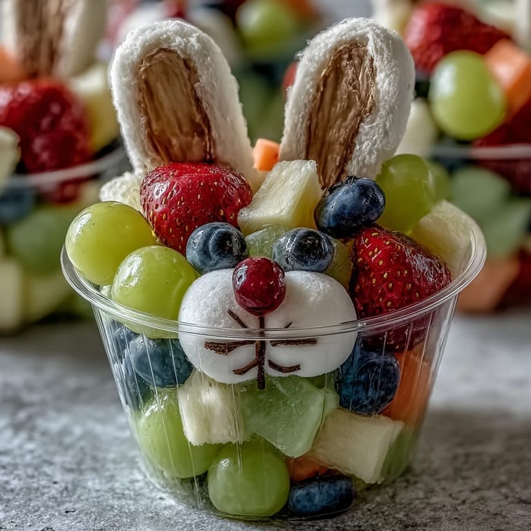 Creative Easter bunny fruit cups featuring marshmallow cheeks, candy eyes, and fruit-filled cups—perfect for festive spring celebrations.