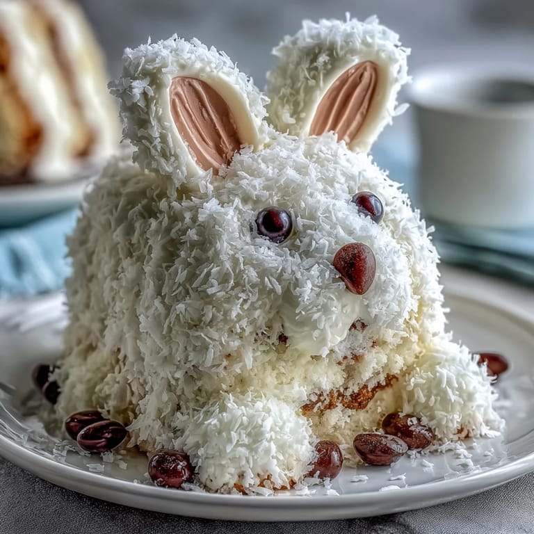 Whimsical bunny-shaped cake decorated with shredded coconut fur, pink jelly bean tail, and candy paw pads for a festive Easter dessert.