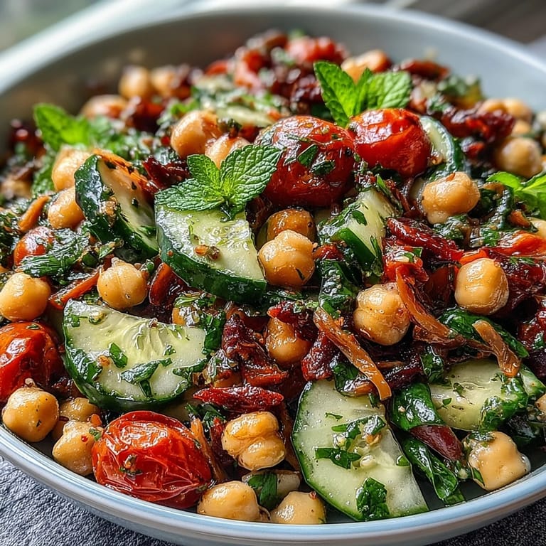 Refreshing cucumber and chickpea salad with zesty lemon vinaigrette, perfect for a light, protein-packed lunch or Mediterranean-inspired side dish.  