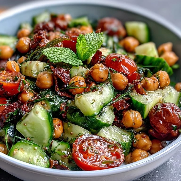 Colorful cucumber and chickpea salad drizzled with homemade lemon vinaigrette, offering a crisp, refreshing taste ideal for healthy eating or summer gatherings.