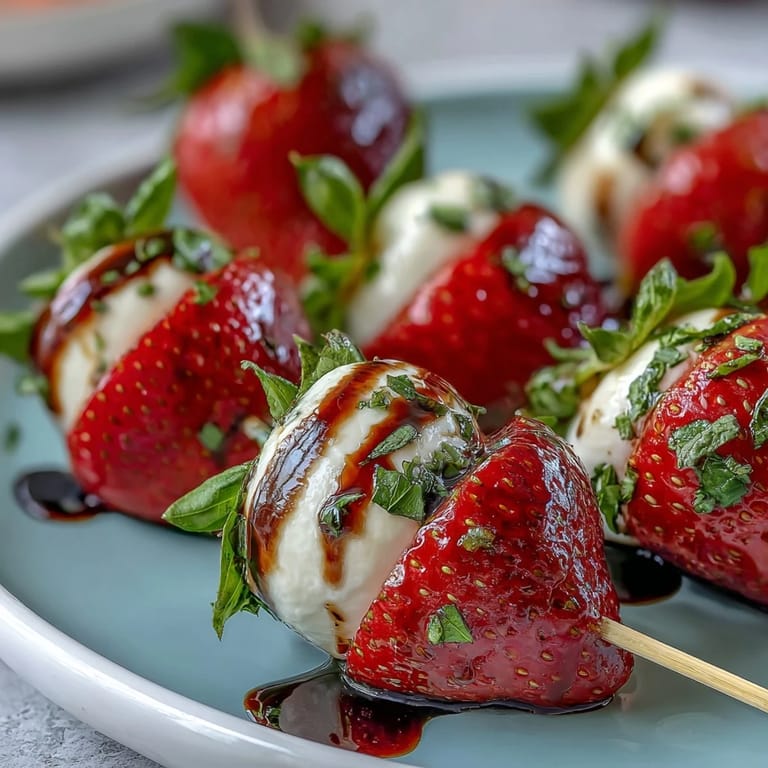 Sweet strawberries, fresh mozzarella, and basil leaves drizzled with balsamic glaze, ideal for party platters.
