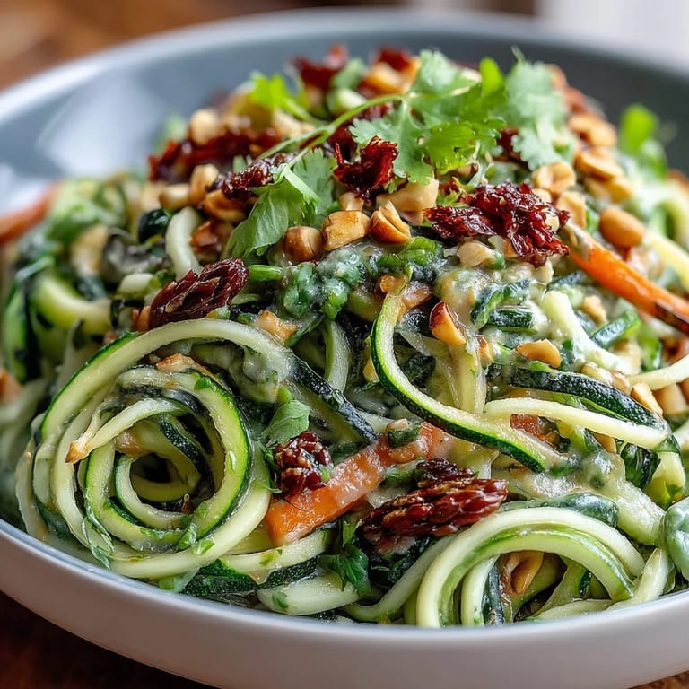 Asian-inspired zucchini noodle stir-fry with crunchy snap peas and rich peanut sauce, perfect for quick meals.  