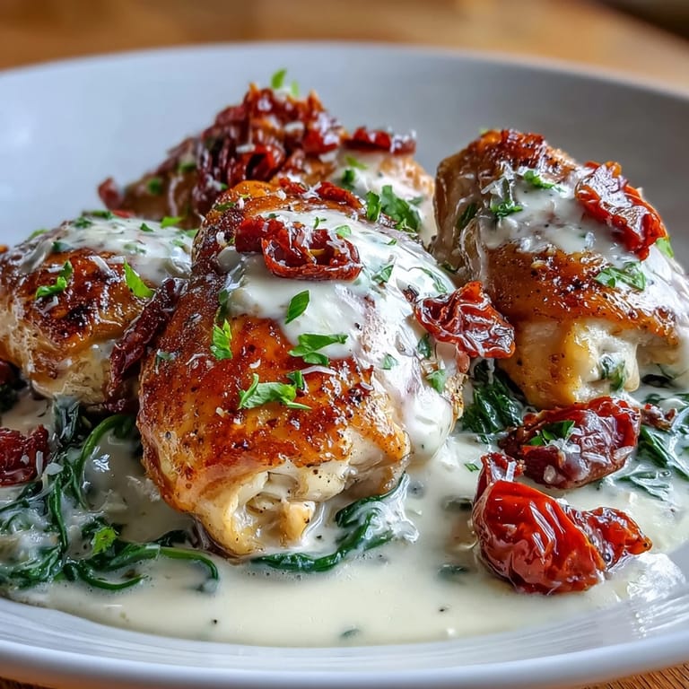 Family-friendly Creamy Tuscan Chicken Skillet with seared chicken, fresh spinach, and a luscious sun-dried tomato cream sauce.