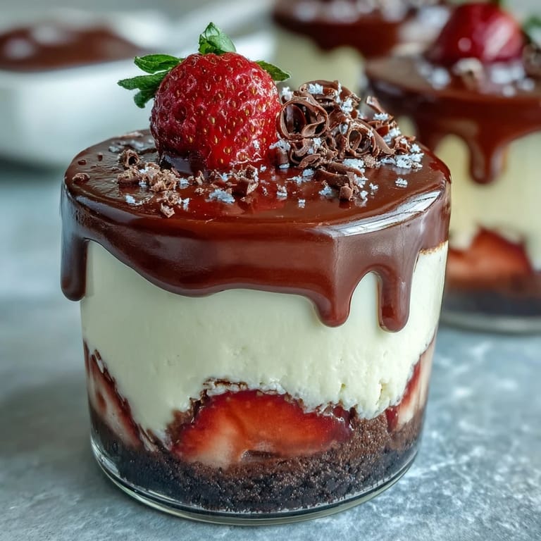 Indulgent chocolate strawberry cheesecake cups with silky cream cheese filling and juicy berry topping.