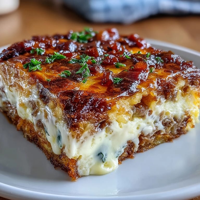 Hearty Amish Breakfast Casserole with Hash Browns, Eggs and Sausage - creamy, cheesy layers baked to perfection for a satisfying morning meal.