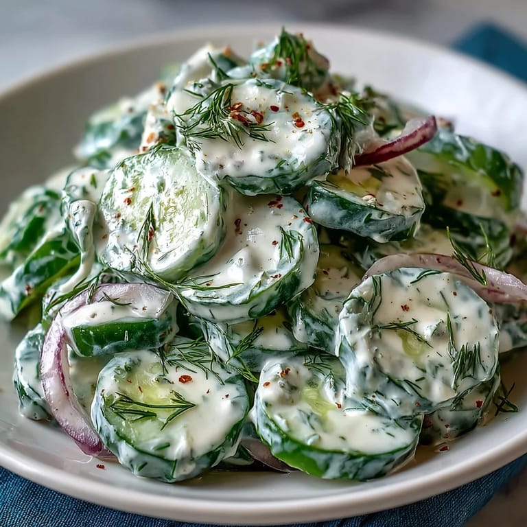Refreshing summer Creamy Cucumber Dill Salad with red onion slices, perfect for picnics and barbecues.  