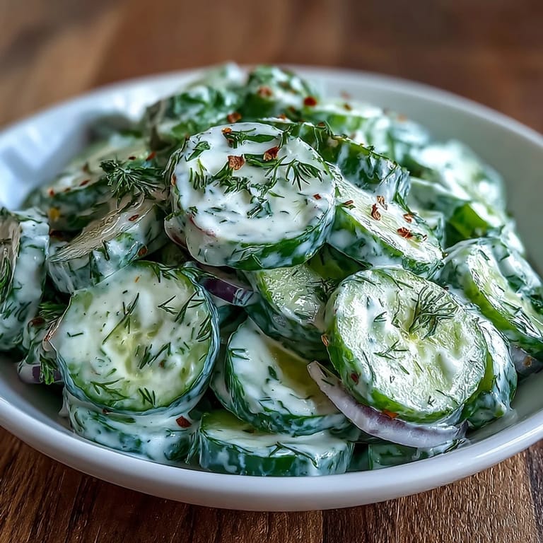 Creamy Cucumber Dill Salad featuring thinly sliced cucumbers and dill dressing, a light and cool side dish.