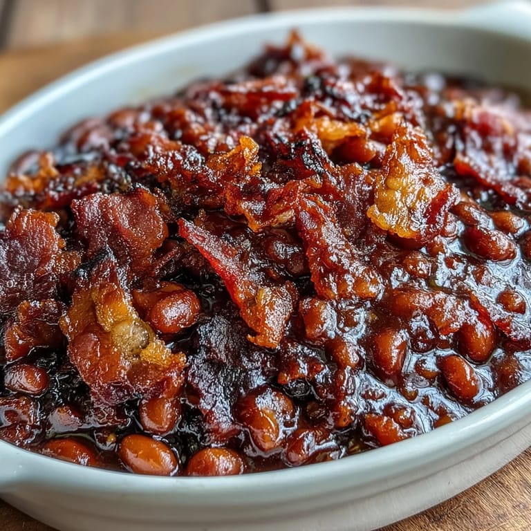 Rich and smoky summer BBQ baked beans loaded with tender navy beans, bacon, and molasses.