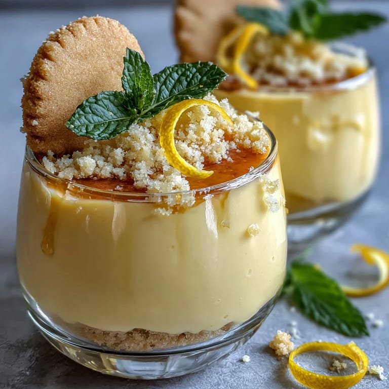 Individual lemon mousse cups paired with crisp shortbread cookies, garnished with lemon zest curls for a refreshing and sophisticated treat.  