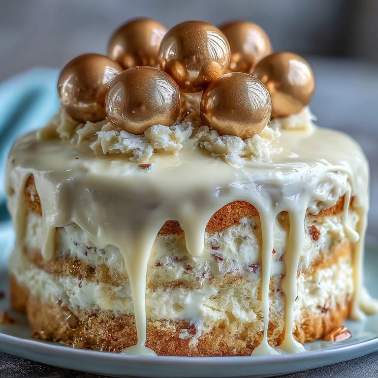 Three-layer vanilla sponge cake with silky white chocolate buttercream, dramatic drip, and edible gold balloon decorations for a festive graduation centerpiece.