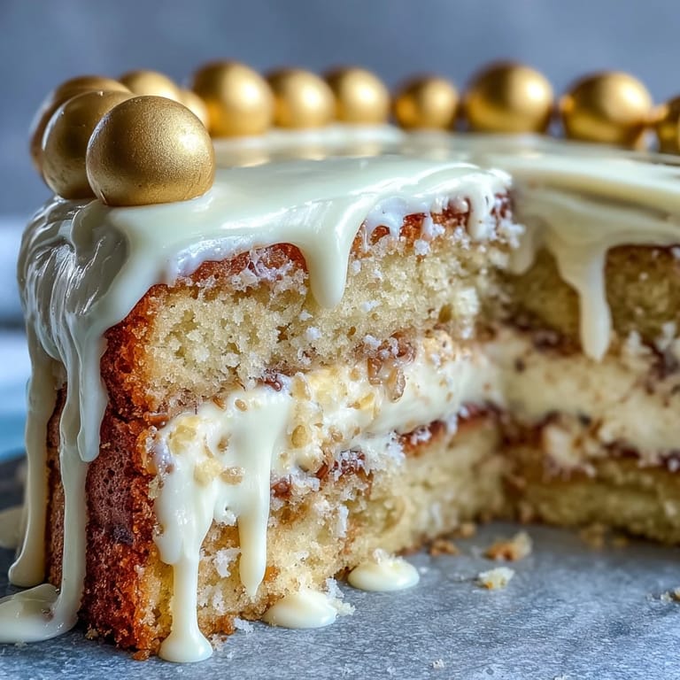 Moist vanilla cake frosted with white chocolate buttercream, finished with a glossy white chocolate drip and shimmering gold balloon accents for a celebratory dessert.