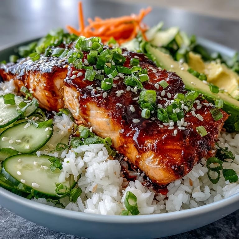Savory teriyaki-glazed salmon served over fluffy rice with crunchy cucumber and creamy avocado slices.