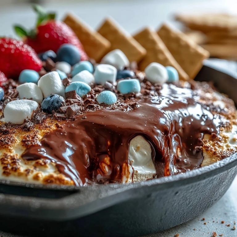 Melted chocolate and marshmallows create a decadent 4th of July Smores Dip, served warm with graham crackers for dipping in a rustic cast iron skillet.