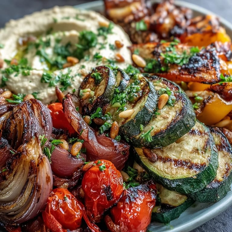 A vibrant Mediterranean-inspired veggie platter with creamy homemade hummus, topped with parsley and pine nuts, ideal for vegan and gluten-free diets.  