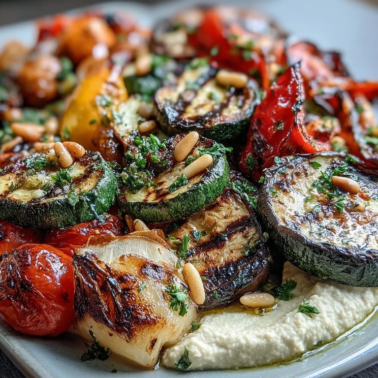 Healthy grilled vegetable platter with hummus, showcasing charred zucchini, bell peppers, and eggplant, garnished with olive oil and fresh herbs for a nutritious side.