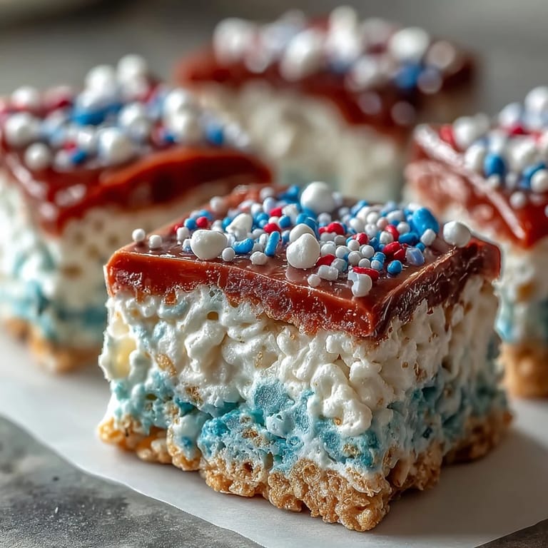 Festive, easy Rice Krispies treats in patriotic colors, topped with sprinkles for a fun holiday treat.