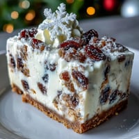 A square of Christmas Cheesecake Slab topped with piped whipped cream and a light dusting of powdered sugar, set on a rustic wooden table.