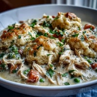 Fluffy drop biscuits top a hearty bowl of Slow Cooker Ranch Chicken & Dumplings, garnished with parsley.