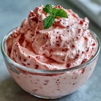 Creamy Cottage Cheese Raspberry Mousse topped with fresh berries and mint in a clear glass.