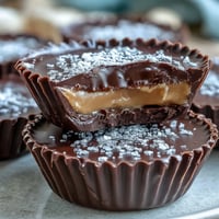 Decadent homemade dark chocolate peanut butter cups with creamy, lightly salted filling, perfect for satisfying sweet cravings.