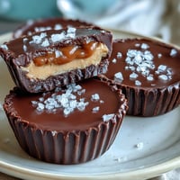 Homemade peanut butter cups filled with gooey salted caramel and topped with flaky sea salt for a sweet-salty treat.