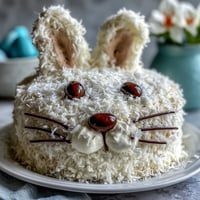 A charming Easter Bunny Cake with coconut frosting, featuring soft vanilla layers and festive candy decorations for a whimsical spring dessert.