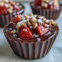 Gourmet chocolate cups filled with juicy strawberries and crunchy pistachio topping, inspired by Dubai's luxurious dessert traditions.