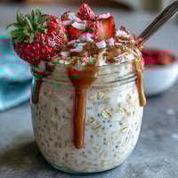Healthy Easy Overnight Oats with Strawberry and Chia in a glass jar, topped with fresh strawberries and nuts for a vibrant, nutritious breakfast.