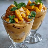 Mango peach iced tea with fresh mint, garnished with juicy fruit slices, served over ice in a clear glass pitcher.