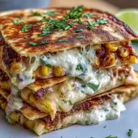 Cinco de Mayo Street Corn Quesadillas with smoky chipotle crema, melted cheese, and roasted corn filling.
